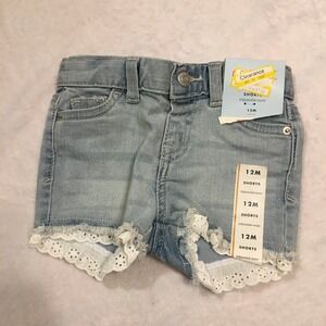 Cat & Jack Denim Shorts Baby Girls 12M Light Blue NWT Eyelet Lace Trim